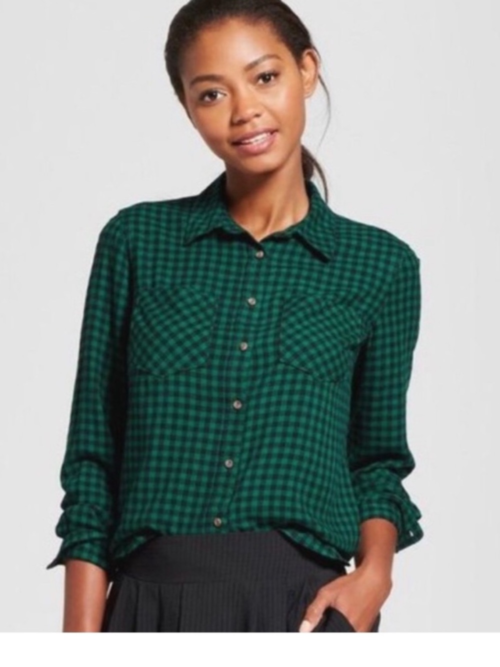 A New Day green and black gingham patterned button-down shirt